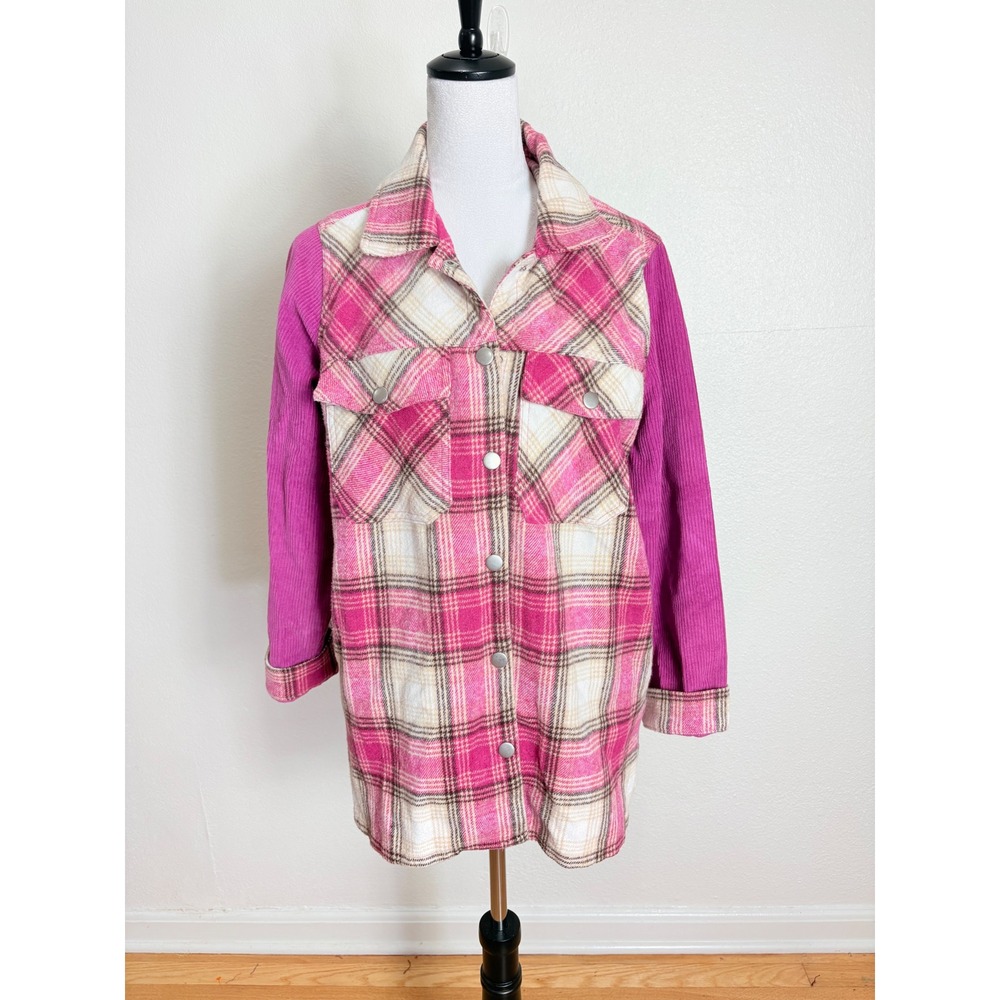 Umgee Pink Flannel & Corduroy Fringe Lightweight Oversized Jacket Size Medium